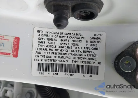 2017 Honda Civic Ex-T z USA, uszkodzony, nr VIN 2HGFC1F38HH643777